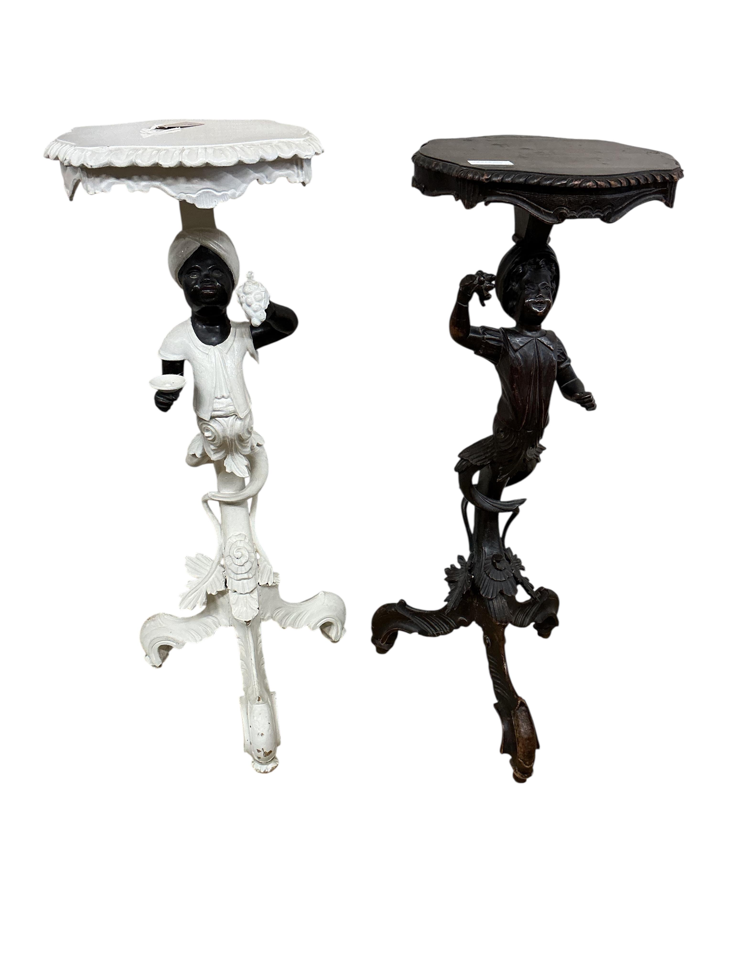 A near pair of Italian carved walnut Blackamoor torcheres, one later painted, larger 94cm